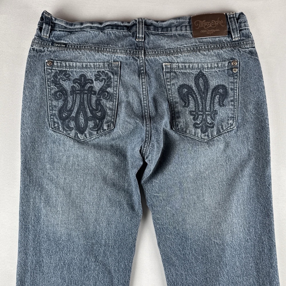 Vintage Marc Ecko Cut & Sew Bootcut Jeans Fleur De Lis Back Pocket Denim Size 36